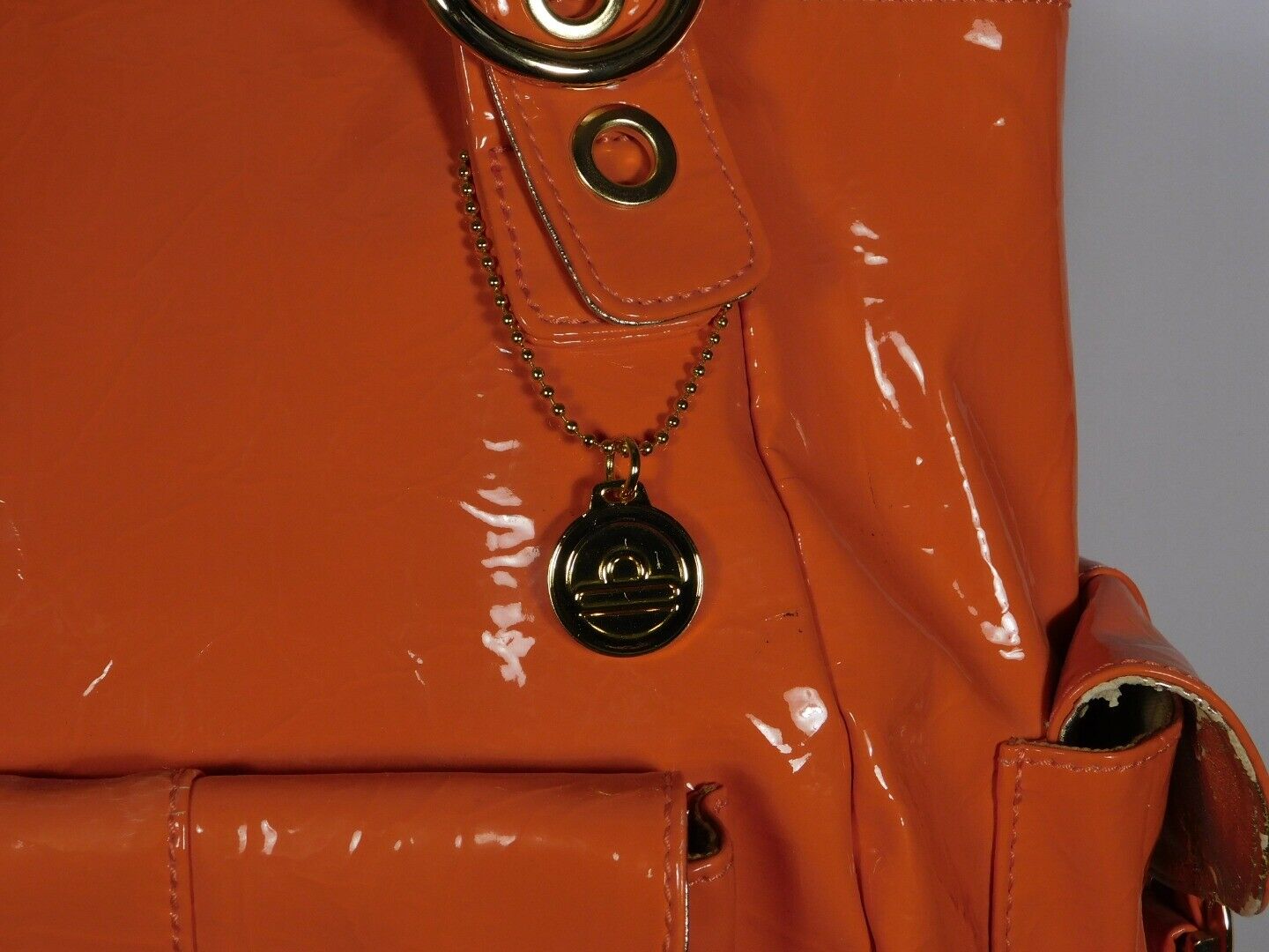 BIG BUDDHA Orange Patent Gold Tone Hardware Shoulder Handbag - Image 8