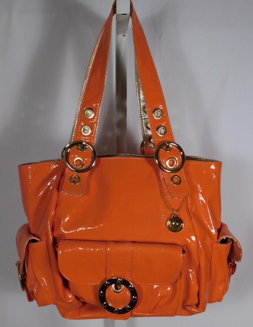 BIG BUDDHA Orange Patent Gold Tone Hardware Shoulder Handbag