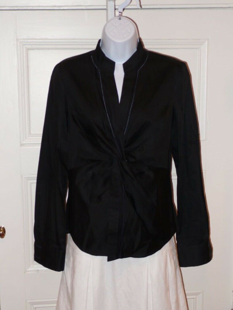 DIANE VON FURSTENBERG Black Knot Front V-Neck LS Combed Cotton Blouse Sz 8