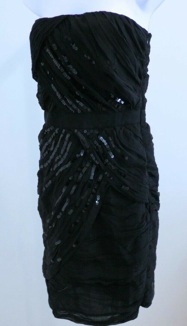 DIANE VON FURSTENBERG Black W Sequins Silk Chiffon Strapless Dress Sz 8