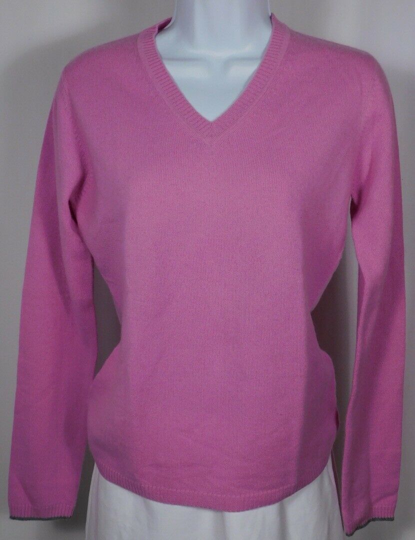 FAIR TRADE CASHMERE Pink Ski Design On Back V-Neck Cashmere Sweater Sz M ($180) - Image 3