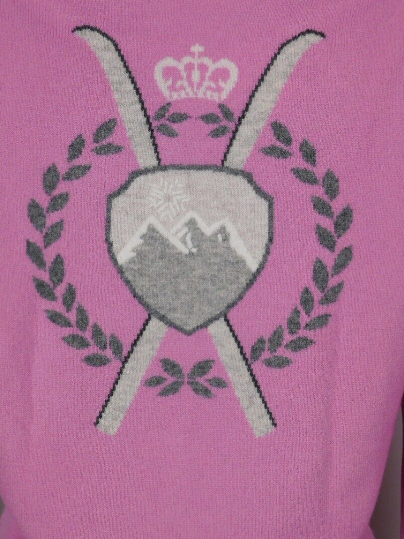 FAIR TRADE CASHMERE Pink Ski Design On Back V-Neck Cashmere Sweater Sz M ($180) - Image 6