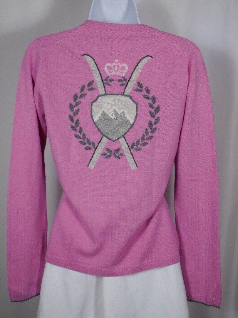 FAIR TRADE CASHMERE Pink Ski Design On Back V-Neck Cashmere Sweater Sz M ($180) - Image 7
