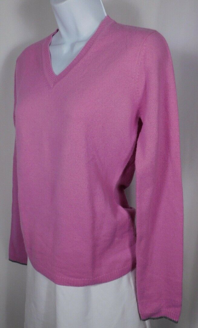 FAIR TRADE CASHMERE Pink Ski Design On Back V-Neck Cashmere Sweater Sz M ($180)