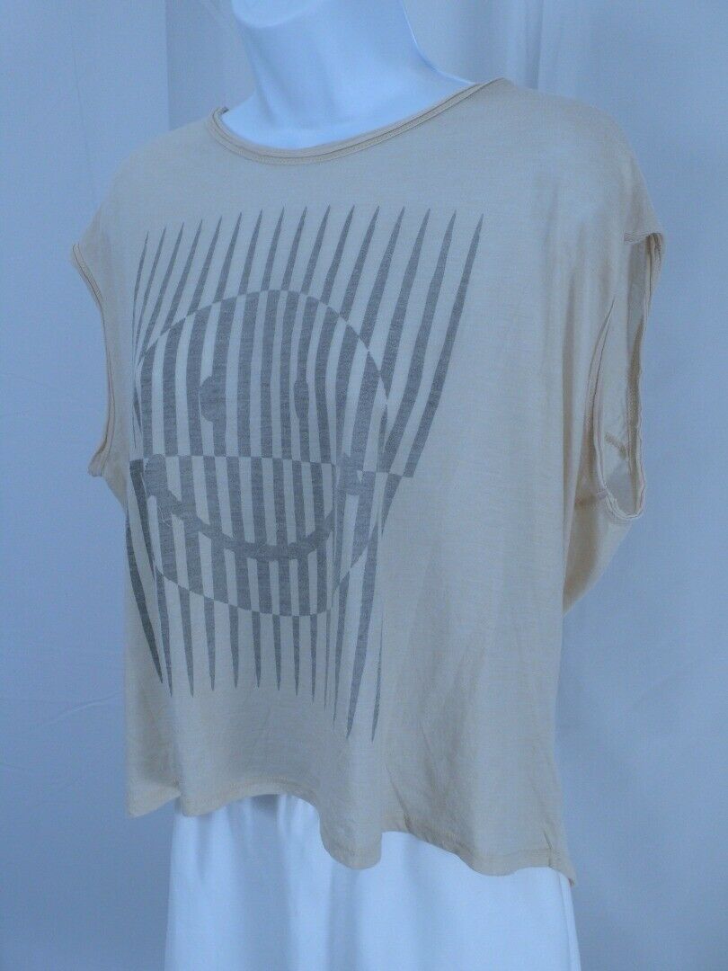 JUNK FOOD Women's Off White Cotton Gray Graphic Smiley Face SS T Shirt Sz Xs S