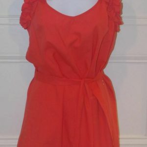 LA MADE Poppy Red Sleeveless Ruffle Trim Cotton Belted Shift Dress Sz S