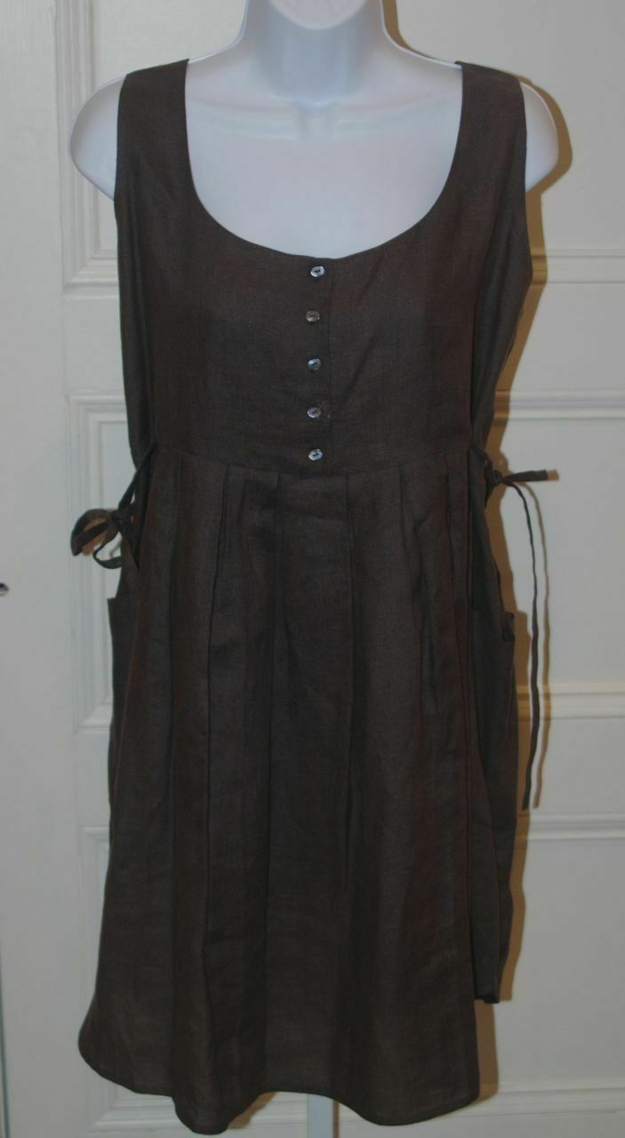 MORGANE LE FAY BY LILIANA ORDAS Brown Linen Sleeveless Button Front Dress Sz S
