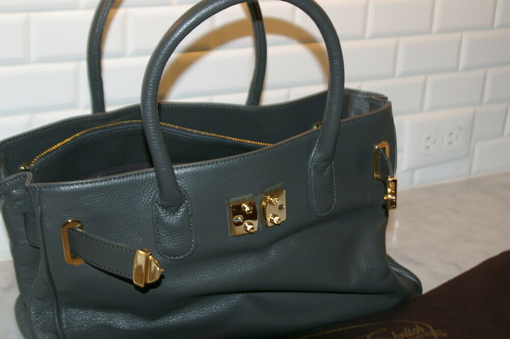 ONNA EHRICH Gray Pebbled Leather "Maya" Tote Handbag With Gold Hardware - Image 4