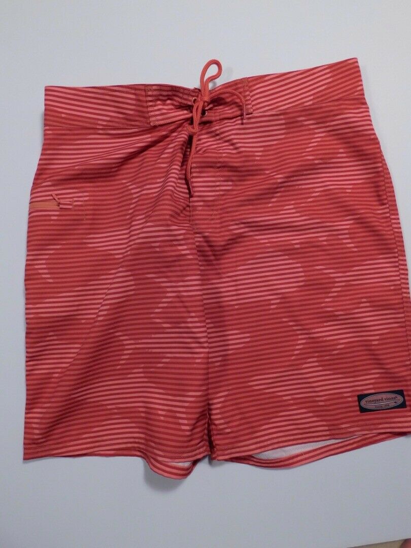 VINEYARD VINES Men's Red Striped Flat Hook & Eye Tie Front Swim Short Sz 34 - Image 3