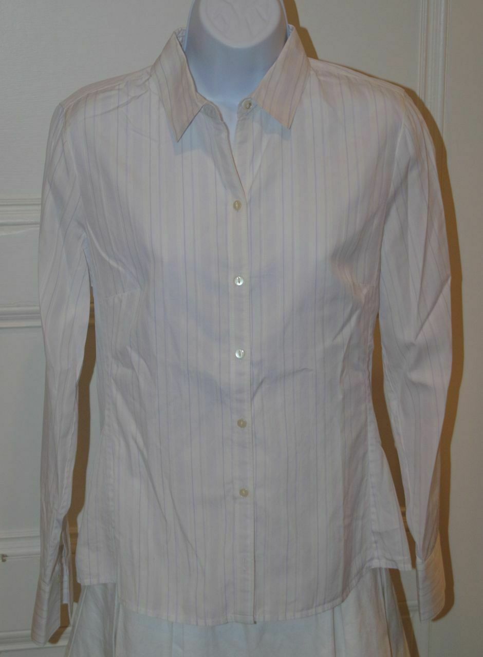 BANANA REPUBLIC Women's White Lavender Purple Striped Fitted Cotton Shirt Sz S