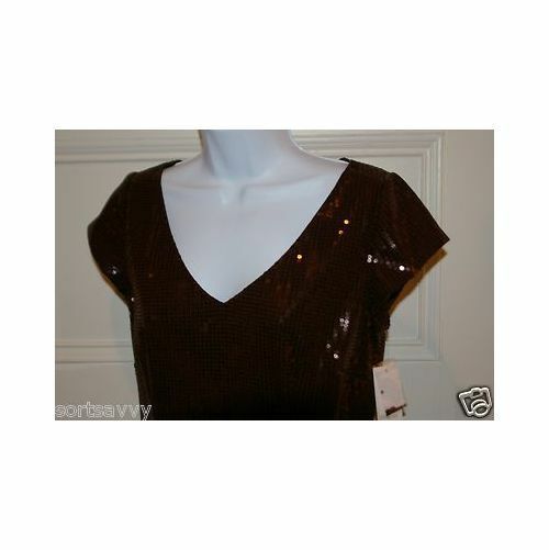 CHETTA B Root Beer Brown V-Neck Short Sleeve Sequins Dress Sz 8 - Image 3