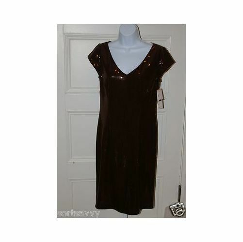 CHETTA B Root Beer Brown V-Neck Short Sleeve Sequins Dress Sz 8