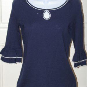 LILLY PULITZER Navy Blue, White Trim 3/4 Sleeve Thin Knit Women's Sweater Sz S