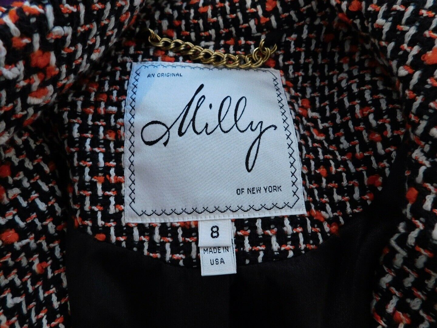 MILLY OF NEW YORK Women's Black Orange Ivory Cotton Blend Tweed Coat Sz 8 - Image 7