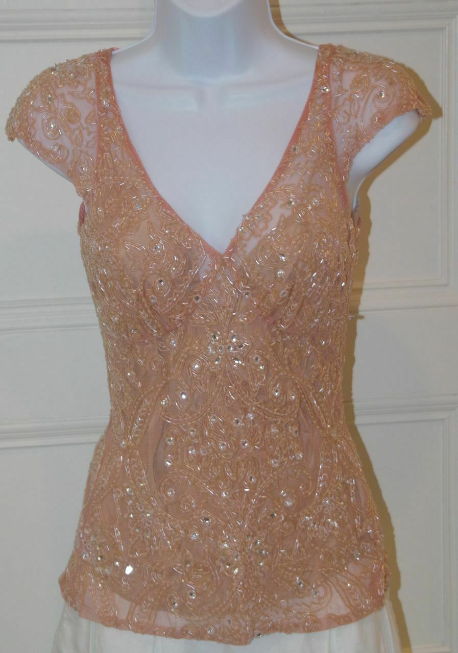 NWT TRACY REESE Dusty Pink Cap Sleeve Satin Tie Back Beaded Blouse Sz S