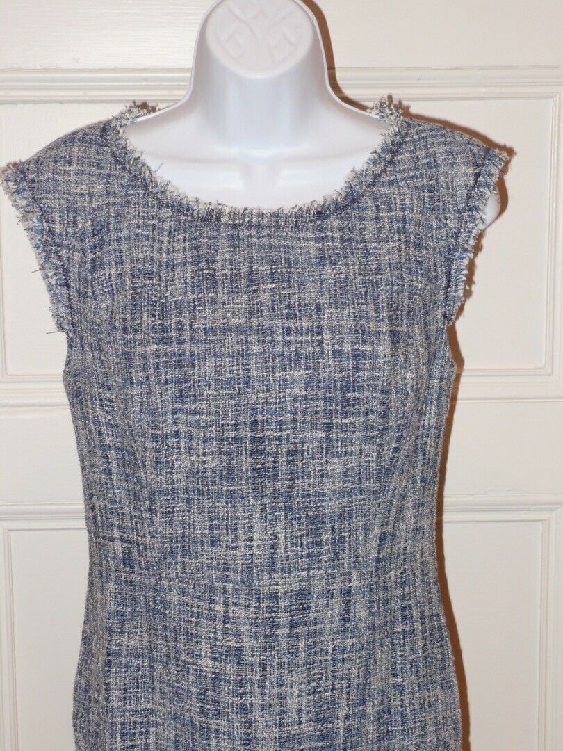 REBECCA TAYLOR Blue White Sleeveless Drop Waist Frayed Fit & Flared Dress Sz 6 - Image 3