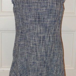 REBECCA TAYLOR Blue White Sleeveless Drop Waist Frayed Fit & Flared Dress Sz 6