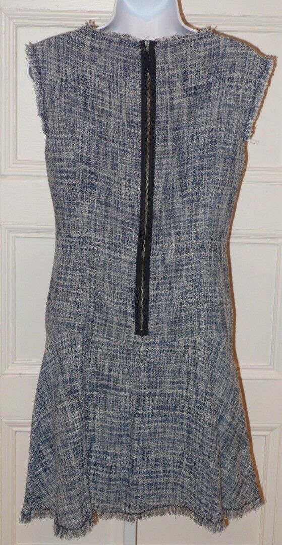 REBECCA TAYLOR Blue White Sleeveless Drop Waist Frayed Fit & Flared Dress Sz 6 - Image 5