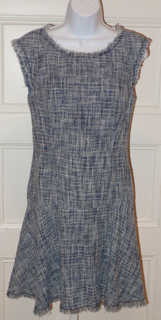 REBECCA TAYLOR Blue White Sleeveless Drop Waist Frayed Fit & Flared Dress Sz 6
