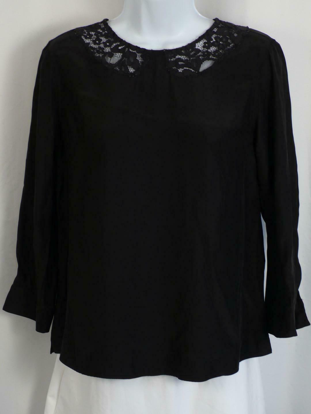 SANDRO Women's Black Lace Neckline Silk 3/4 Sleeve Blouse Sz 2 - Image 3