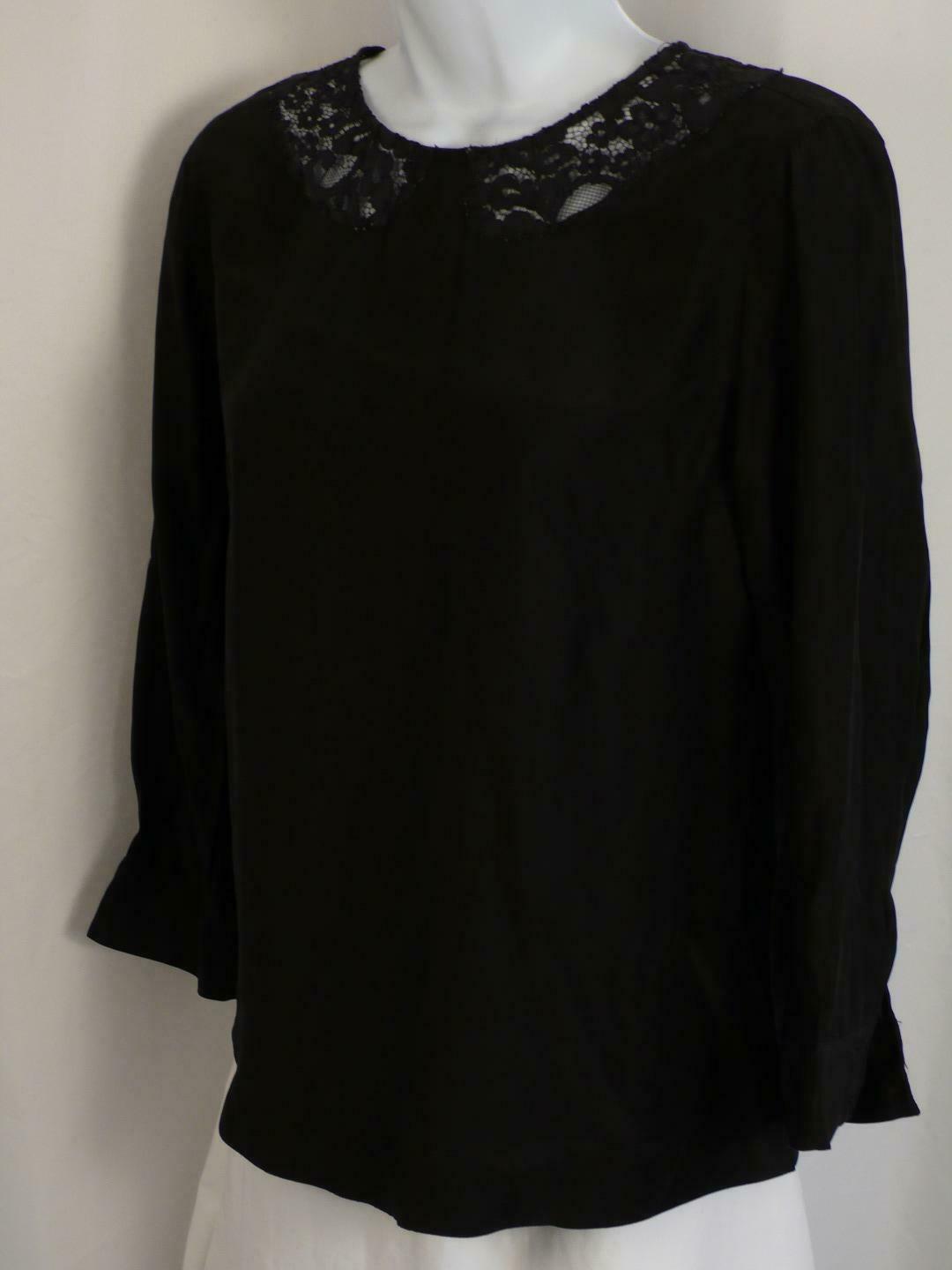 SANDRO Women's Black Lace Neckline Silk 3/4 Sleeve Blouse Sz 2