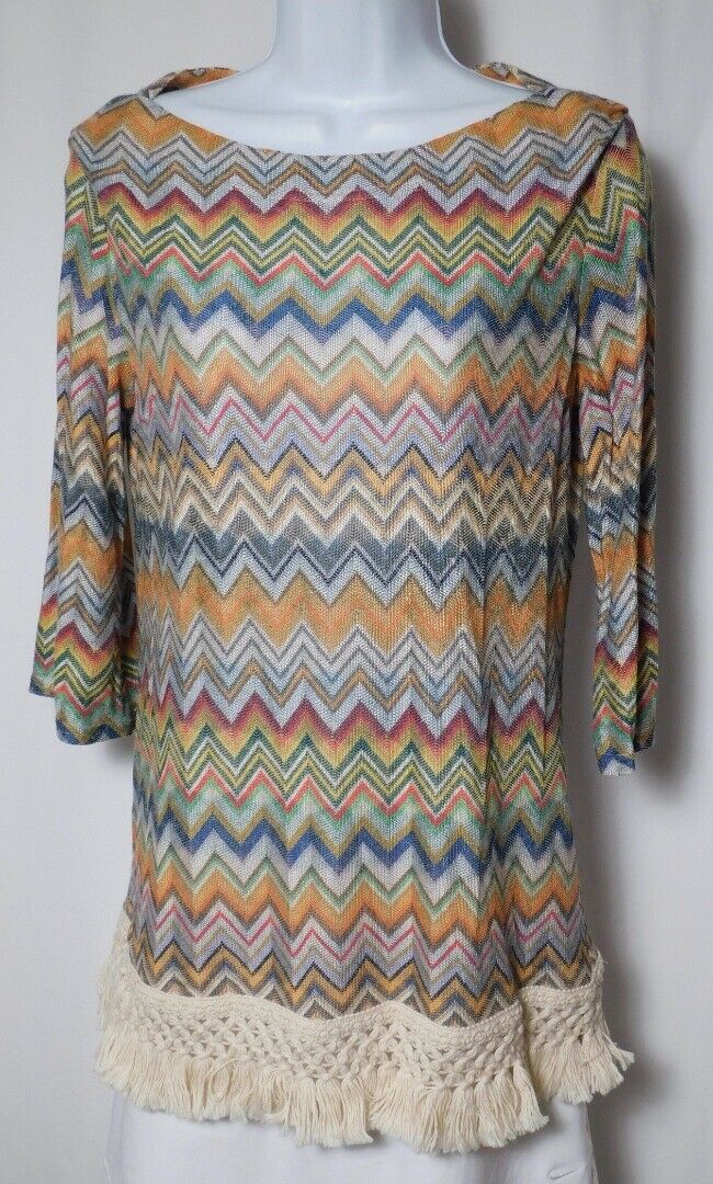 SARA CAMPBELL Women's Multi Zig Zag 3/4 Sleeve Fringe Trim Boat Nec Sweater Sz S - Image 3