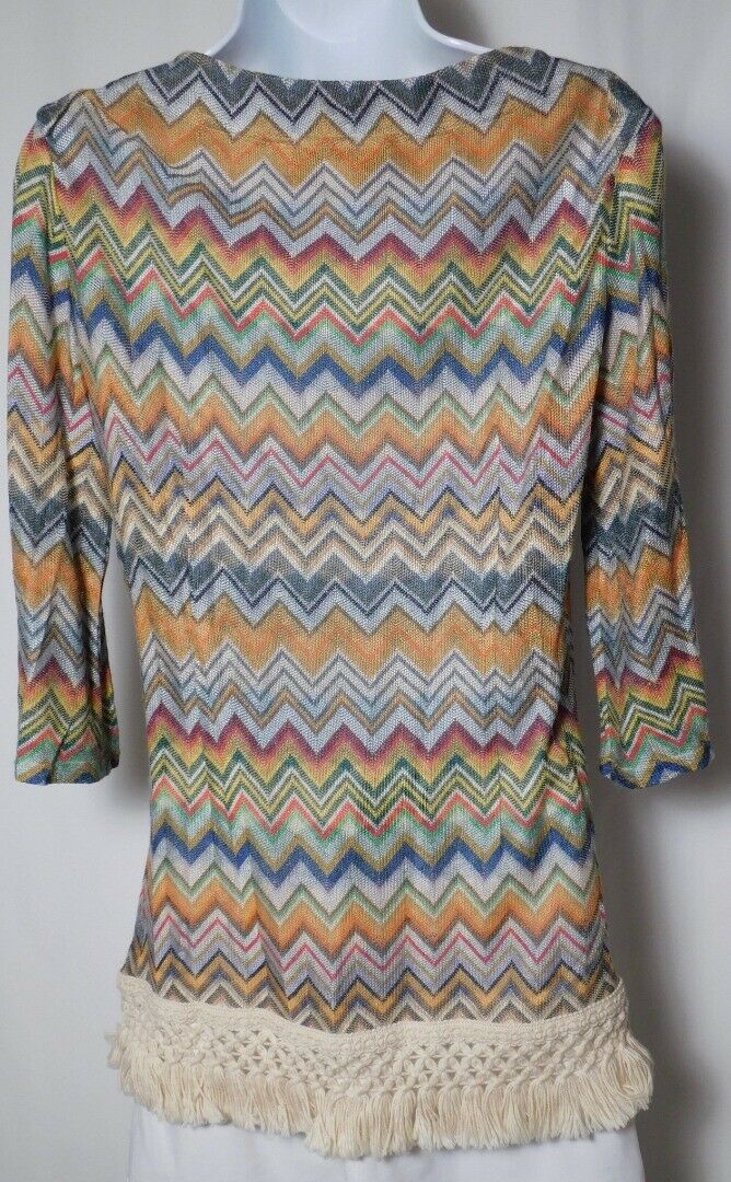 SARA CAMPBELL Women's Multi Zig Zag 3/4 Sleeve Fringe Trim Boat Nec Sweater Sz S - Image 6