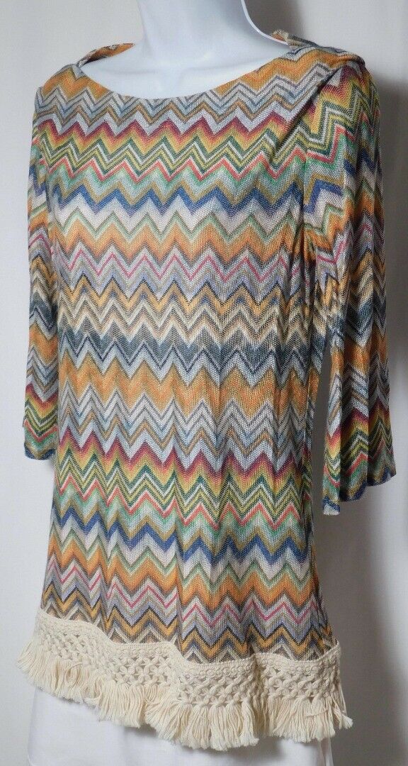 SARA CAMPBELL Women's Multi Zig Zag 3/4 Sleeve Fringe Trim Boat Nec Sweater Sz S