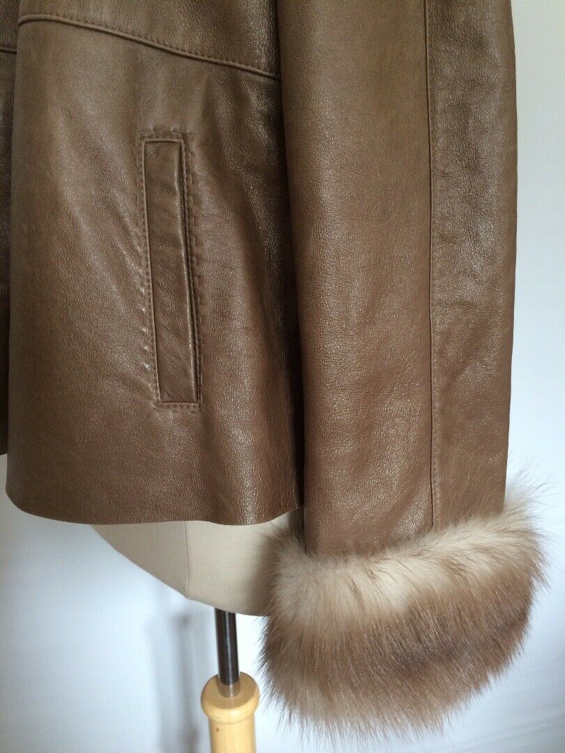 STEPHEN ITALY Woman Taupe Leather Jacket Shearling Lining Faux Fur Collar SZ 46 - Image 11