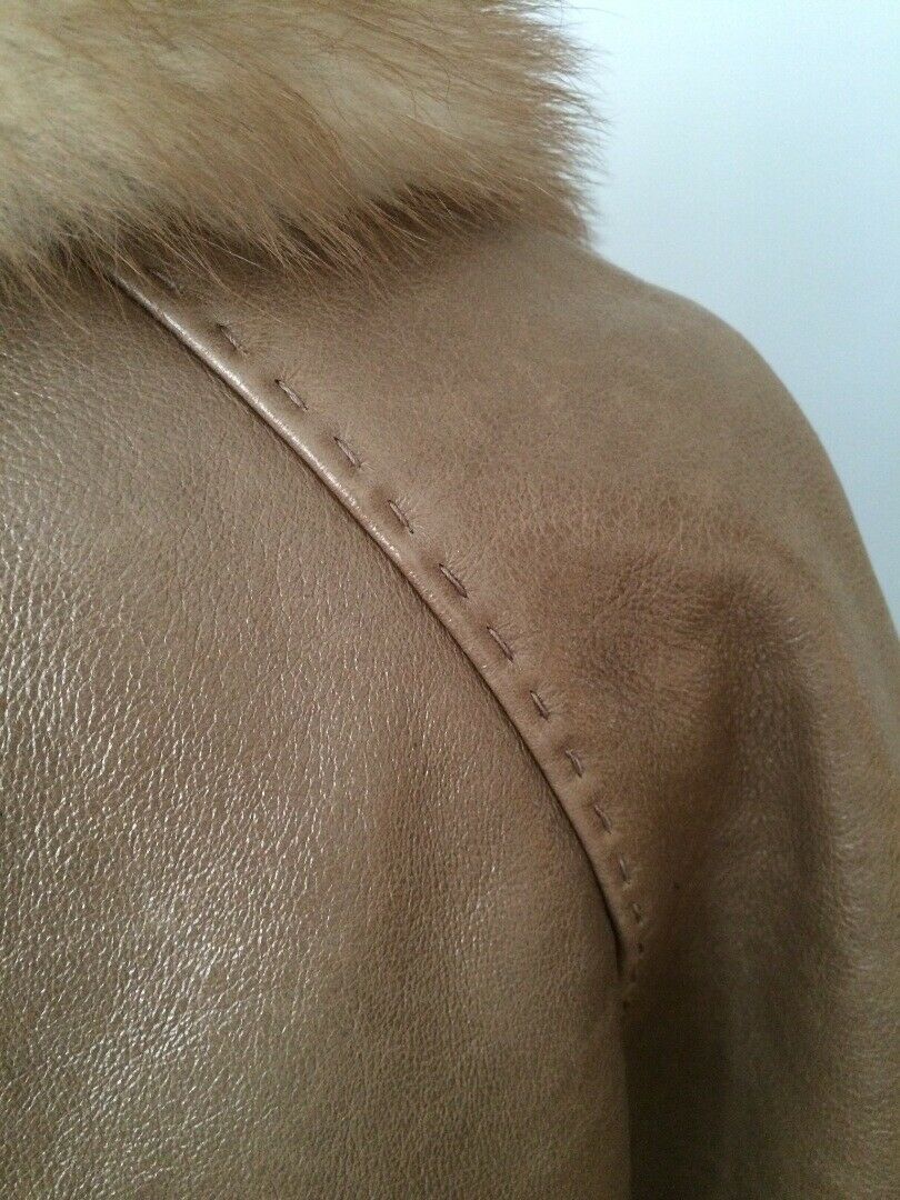 STEPHEN ITALY Woman Taupe Leather Jacket Shearling Lining Faux Fur Collar SZ 46 - Image 6