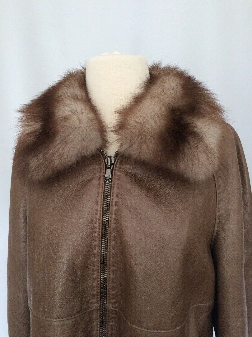STEPHEN ITALY Woman Taupe Leather Jacket Shearling Lining Faux Fur Collar SZ 46 - Image 7