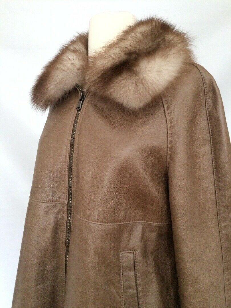 STEPHEN ITALY Woman Taupe Leather Jacket Shearling Lining Faux Fur Collar SZ 46