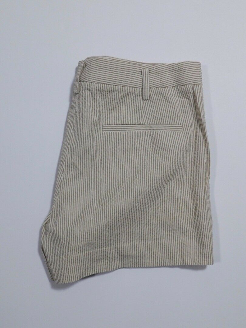 THEORY Women's Tan White Seersucker Stripe Cotton Stretch Flat Front Short Sz 6