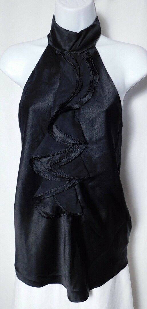 TIBI Women's Black Halter Ruffle Front Silk Blouse Sz 6 - Image 3