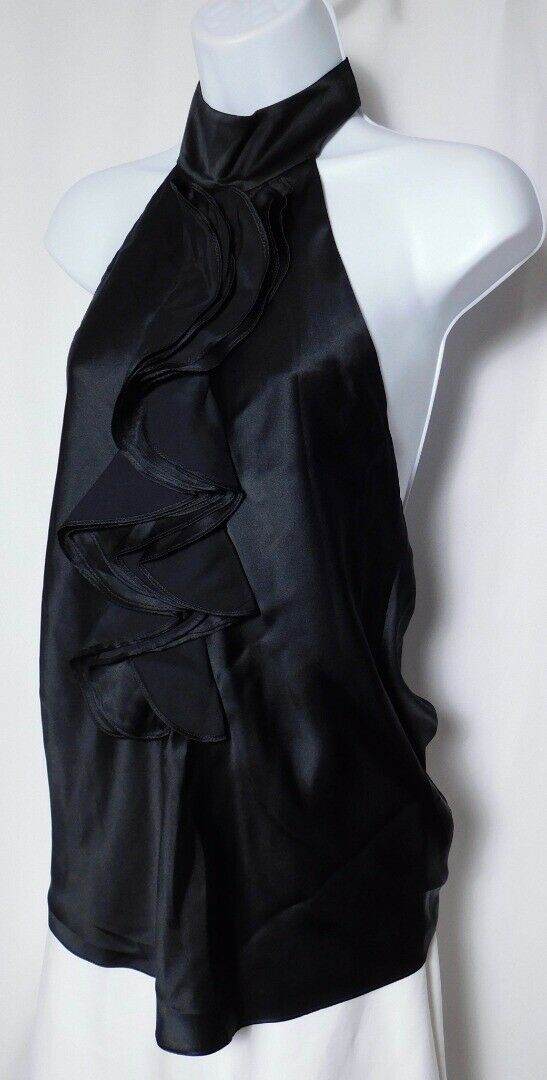 TIBI Women's Black Halter Ruffle Front Silk Blouse Sz 6