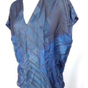VINCE Women's Blue Plaid Silk Short Sleeve V-Neck Boxy Tunic Blouse Sz XS