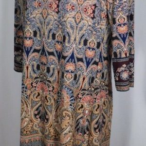 WISP Women's Blue Black Gold Red Brown Print 3/4 Sleeve Jersey Shift Dress Sz 8