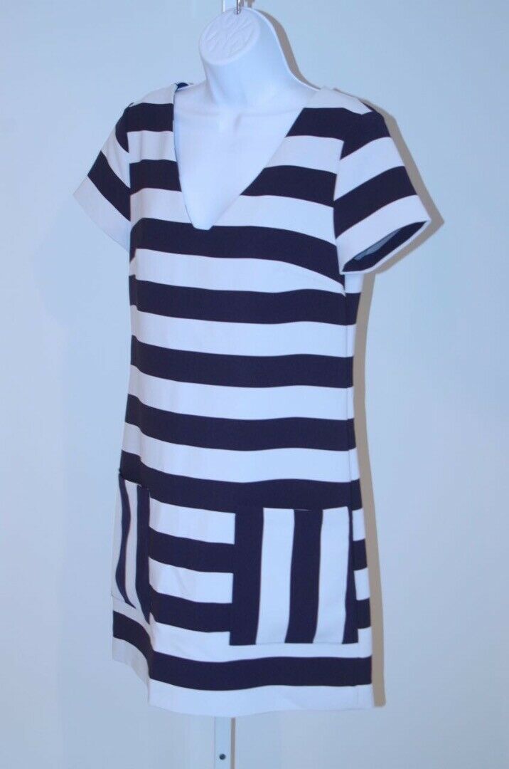 1. STATE Women's Navy White Stripe Patch Pocket Short Sleeve Shift Dress Sz S
