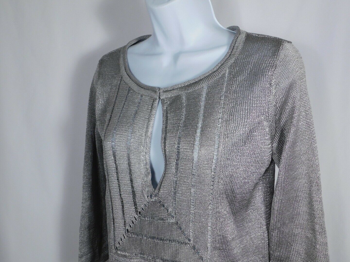 CALYPSO ST BARTH Women's Silver Metallic Knit V-Neck Tunic Sweater Sz XS - Image 3