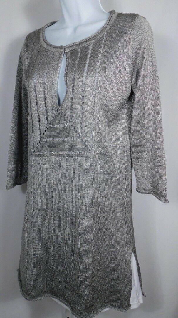 CALYPSO ST BARTH Women's Silver Metallic Knit V-Neck Tunic Sweater Sz XS