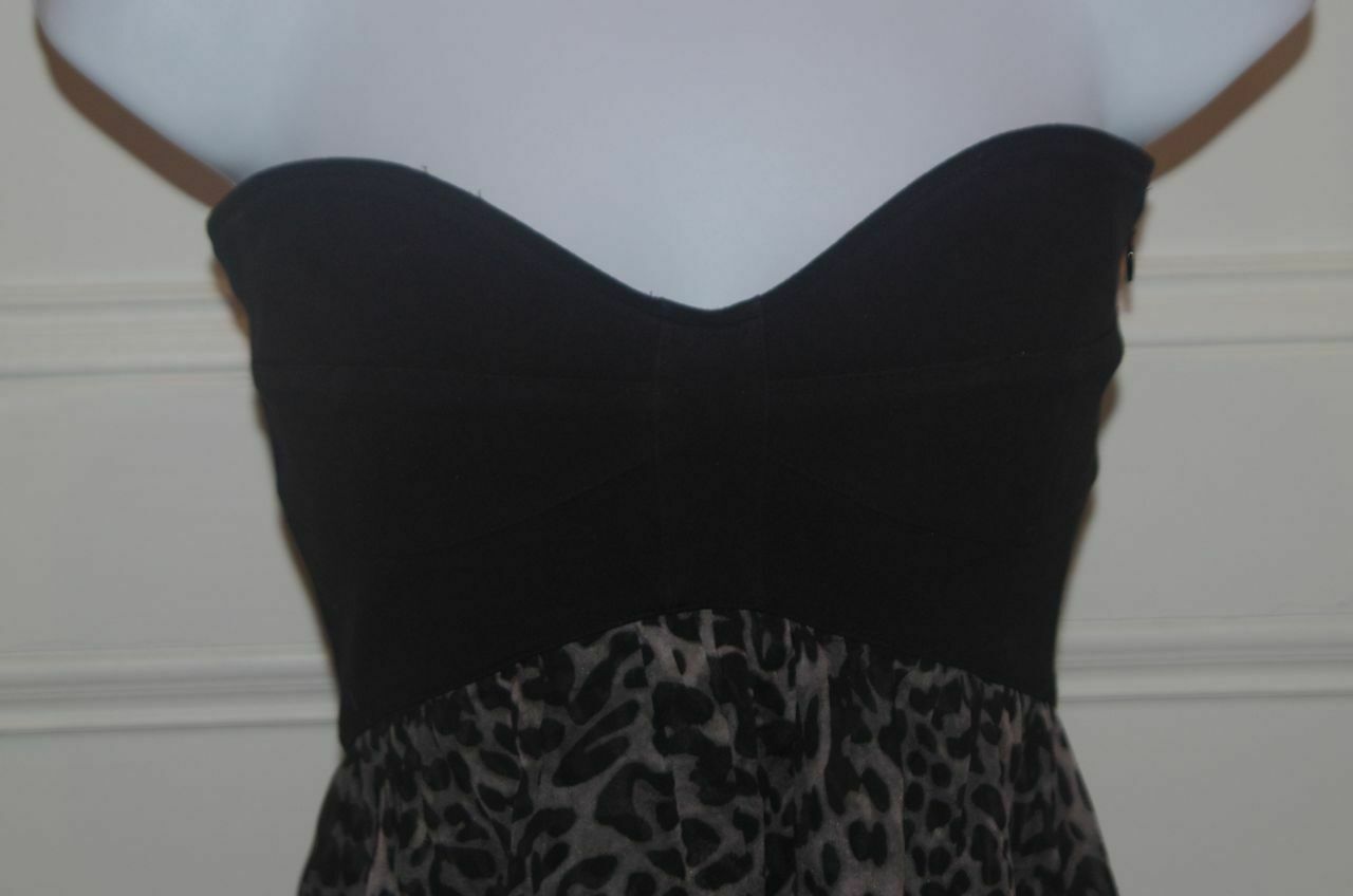 DIANE VON FURSTENBERG Black Gray Leopard Print Silk Strapless Mini Dress Sz-8 - Image 3