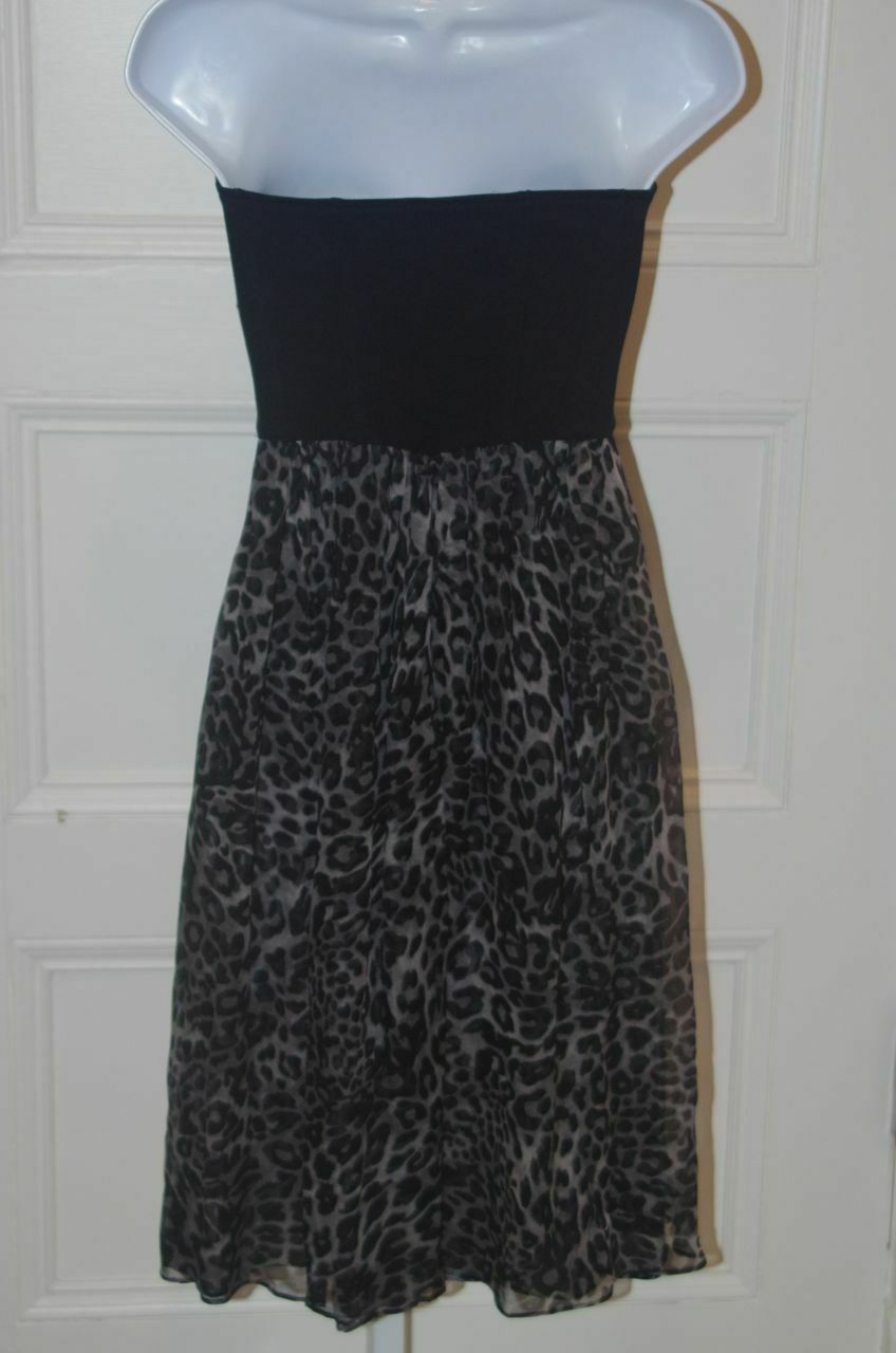 DIANE VON FURSTENBERG Black Gray Leopard Print Silk Strapless Mini Dress Sz-8 - Image 4