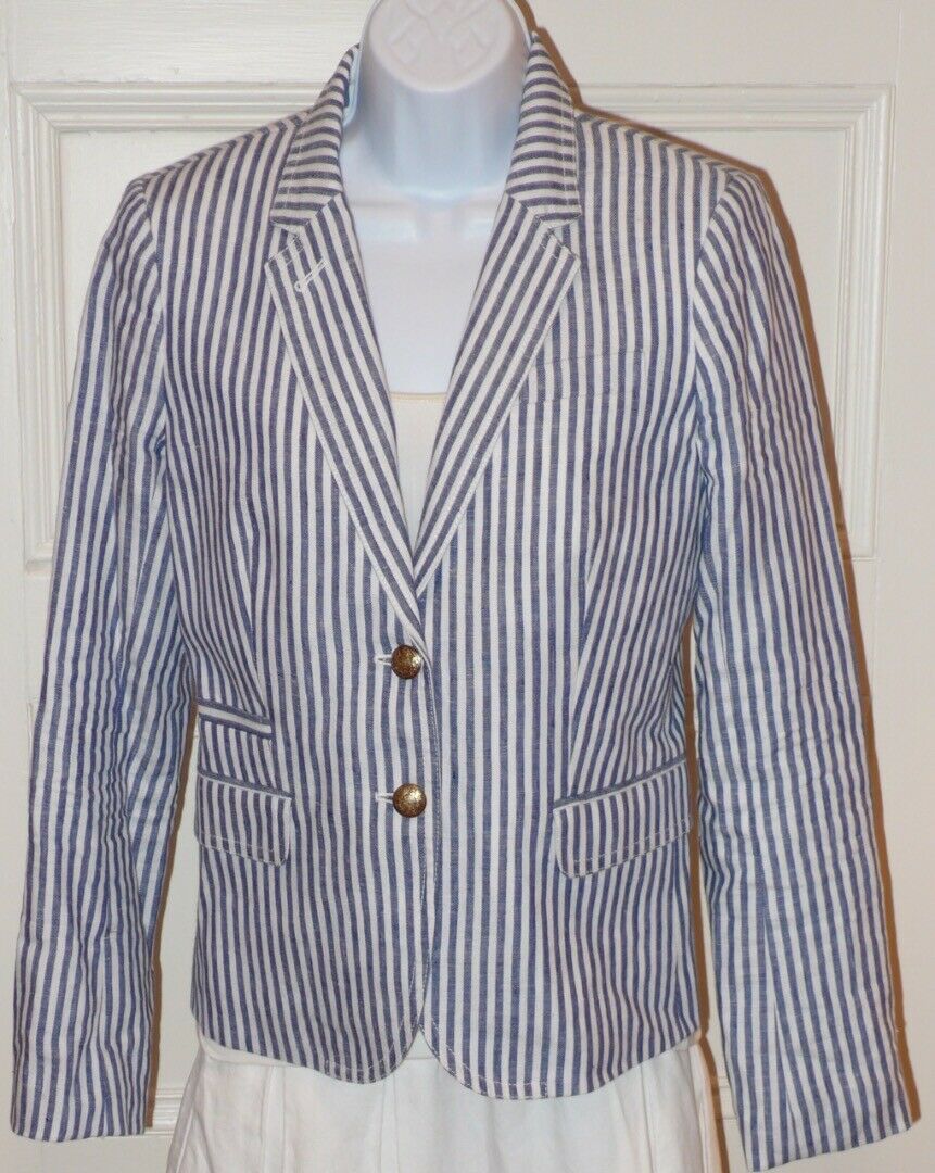 J CREW Womens Blue White Stripe Linen Gold Buttons "Schoolboy" Jacket Blazer Sz6