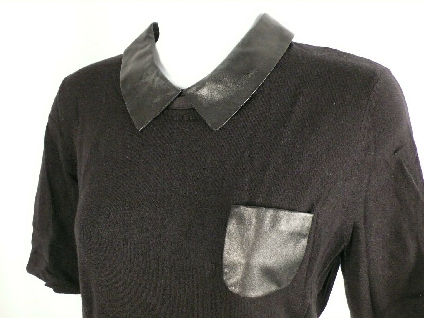 J MCLAUGHLIN Black Cotton Blend Short Sleeve Leather Collar Sweater Sz S - Image 3
