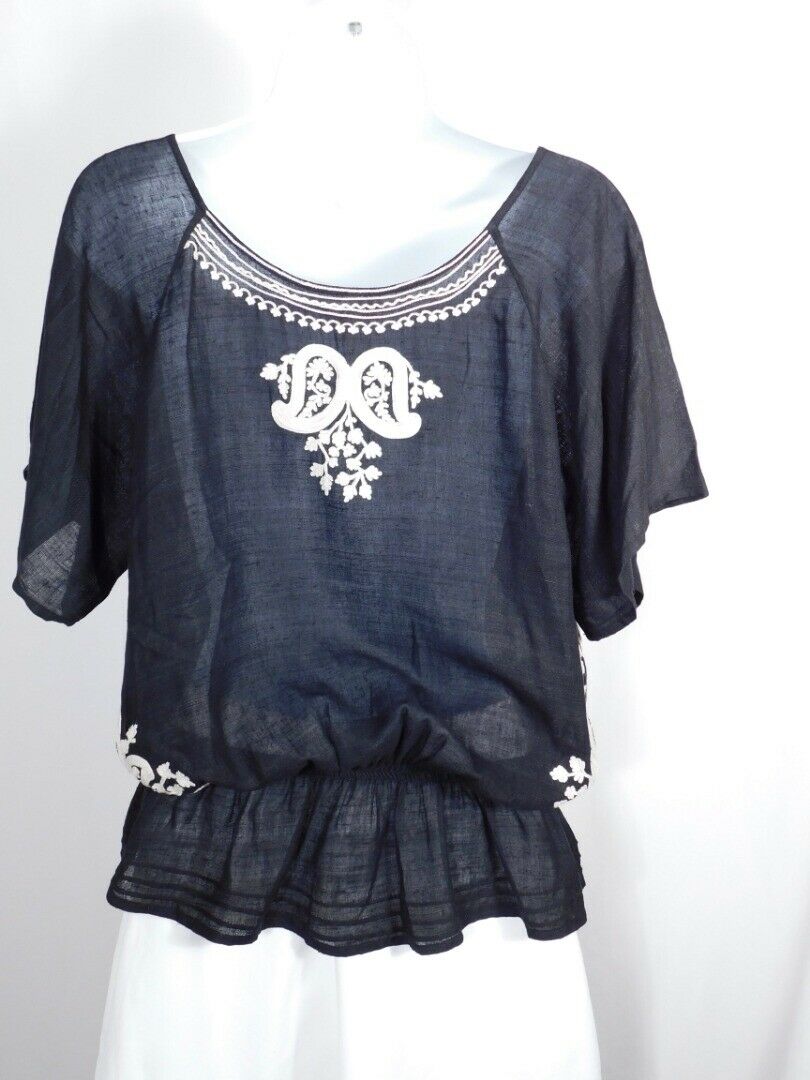 JOIE Women's Black W Embroidery Scoop Neck SS Elastic Waist Poet Blouse Sz S - Image 7