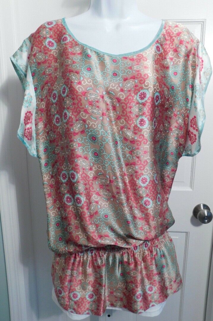 LOLITA JACA Women's Tan Aqua Rose Silk Print Short Sleeve Tunic Blouse Sz M - Image 3