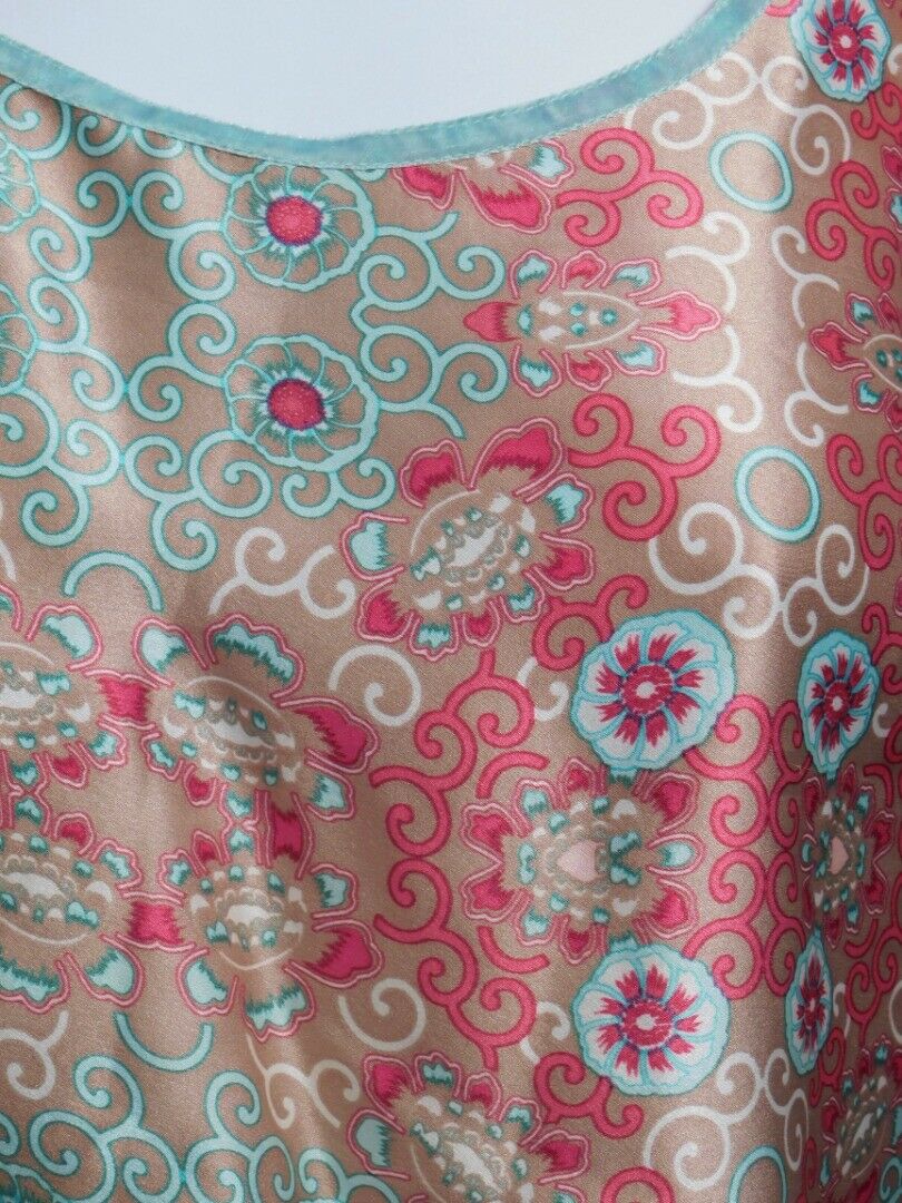 LOLITA JACA Women's Tan Aqua Rose Silk Print Short Sleeve Tunic Blouse Sz M - Image 5