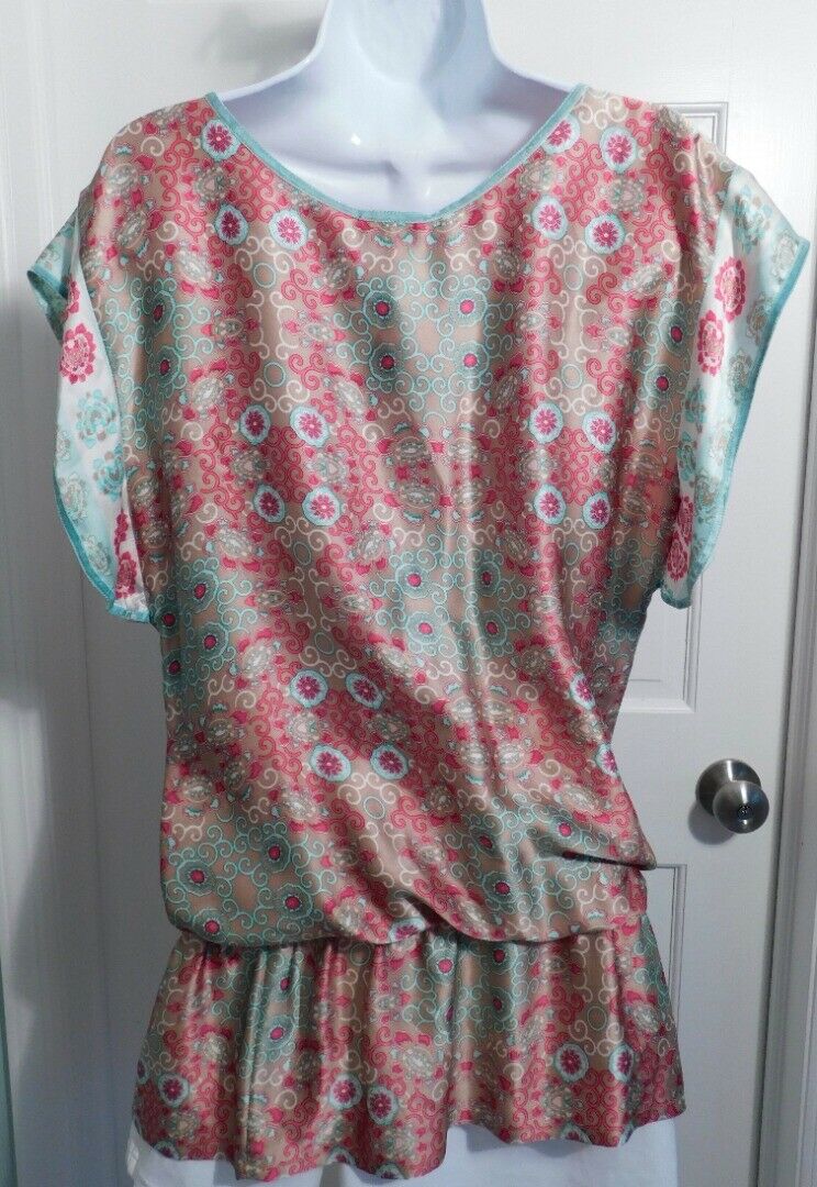 LOLITA JACA Women's Tan Aqua Rose Silk Print Short Sleeve Tunic Blouse Sz M - Image 6