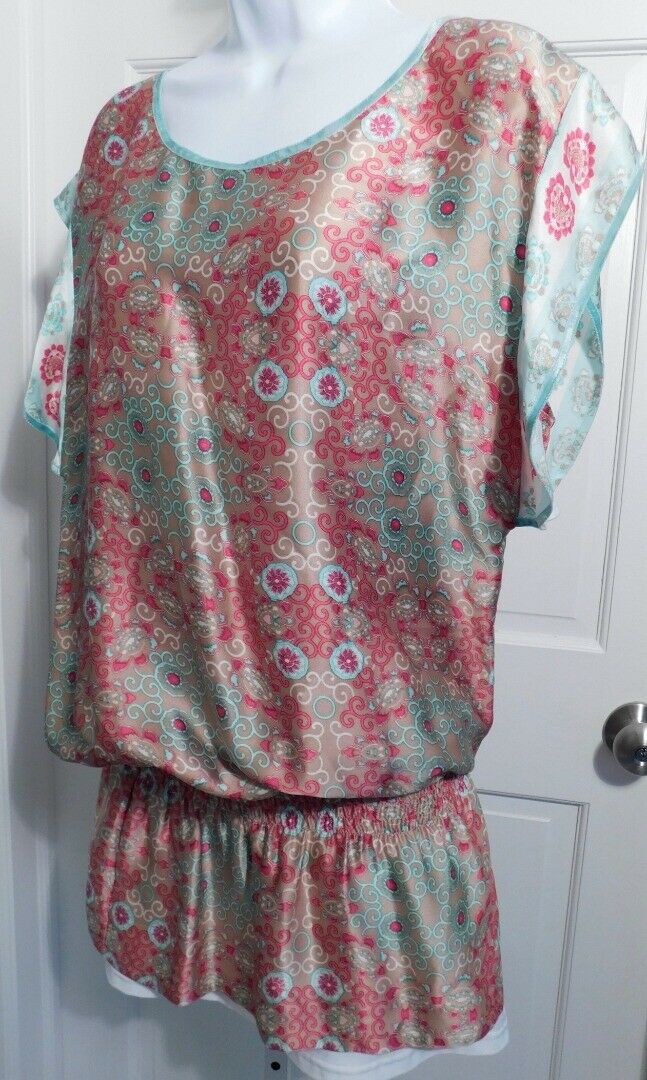 LOLITA JACA Women's Tan Aqua Rose Silk Print Short Sleeve Tunic Blouse Sz M