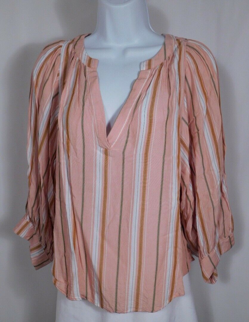 MAEVE BY ANTHROPOLOGIE Women's Peach Green White Striped V-Neck Blouse Sz M - Image 3